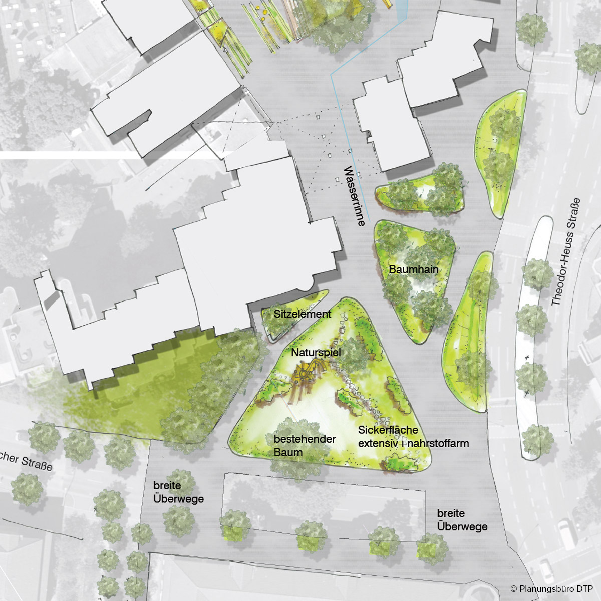 Gezeichnete Planungsskizze zu grünen Umgestaltung des Wohnviertels in Herten.