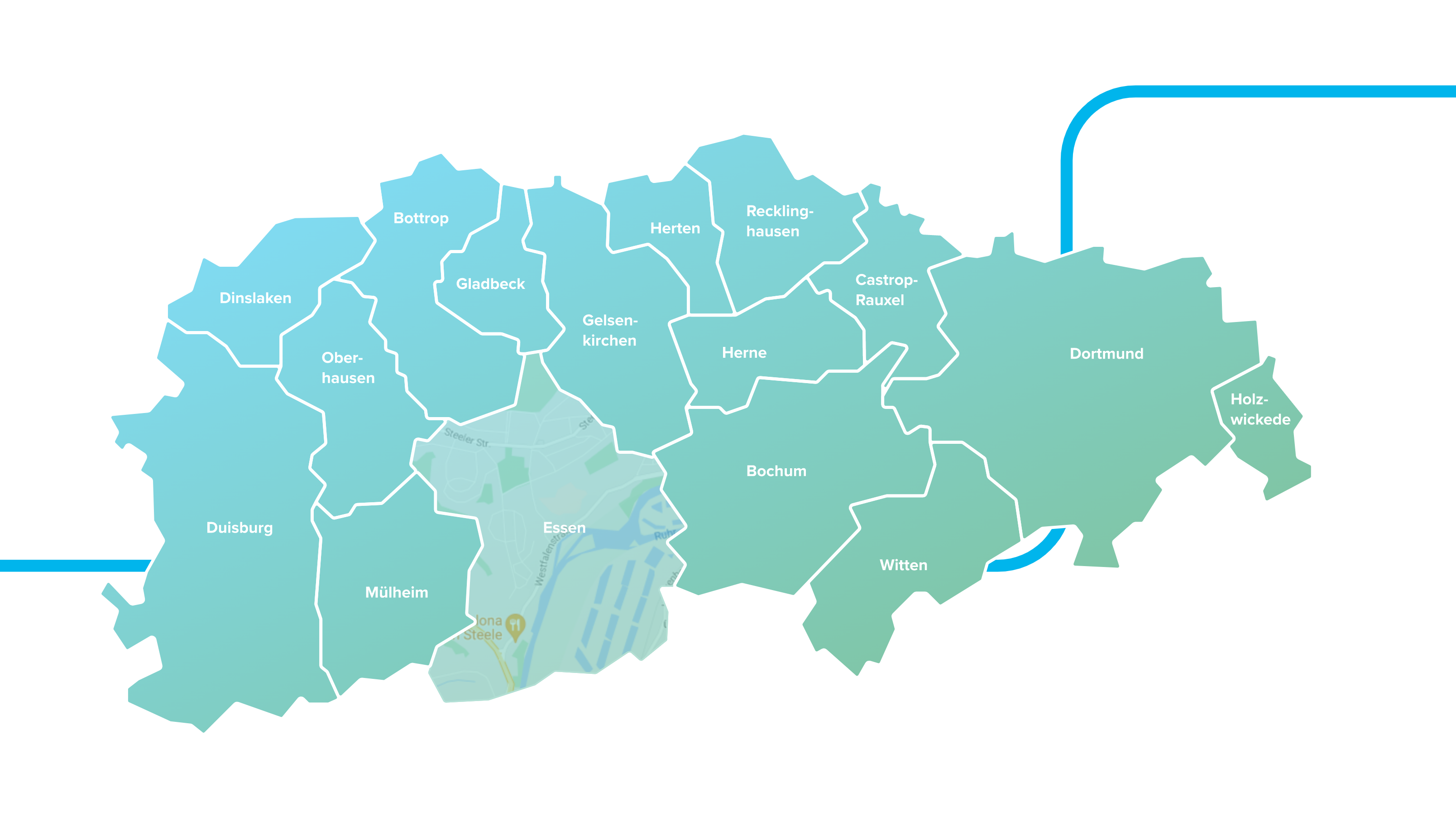 Karte von Emscherstädten, Essen hervorgehoben.