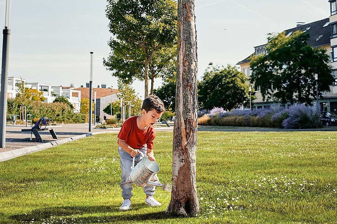 Kleiner Junge gießt Baum in der Nachbarschaft.